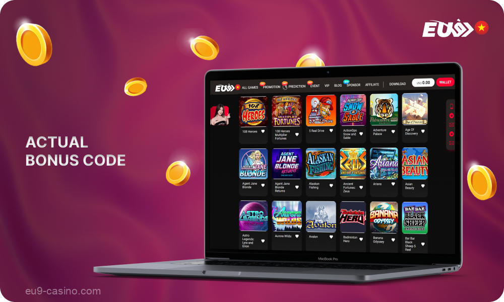 New users from Vietnam will receive a nice bonus with a promotional code from Eu9 and will be able to use it to play slots