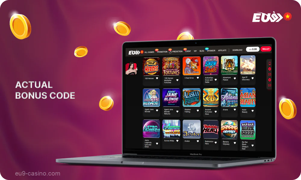 Pengguna baru dari Indonesia akan menerima bonus bagus dengan kode promosi dari Eu9 dan dapat menggunakannya untuk bermain slot