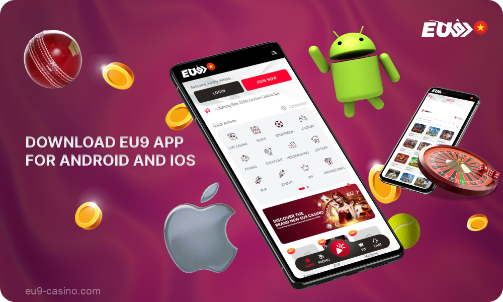 Aplikasi seluler Eu9 untuk Android dan iOS menyediakan pengguna di Indonesia dengan akses ke permainan taruhan dan kasino, serta setoran instan dan penawaran promosi