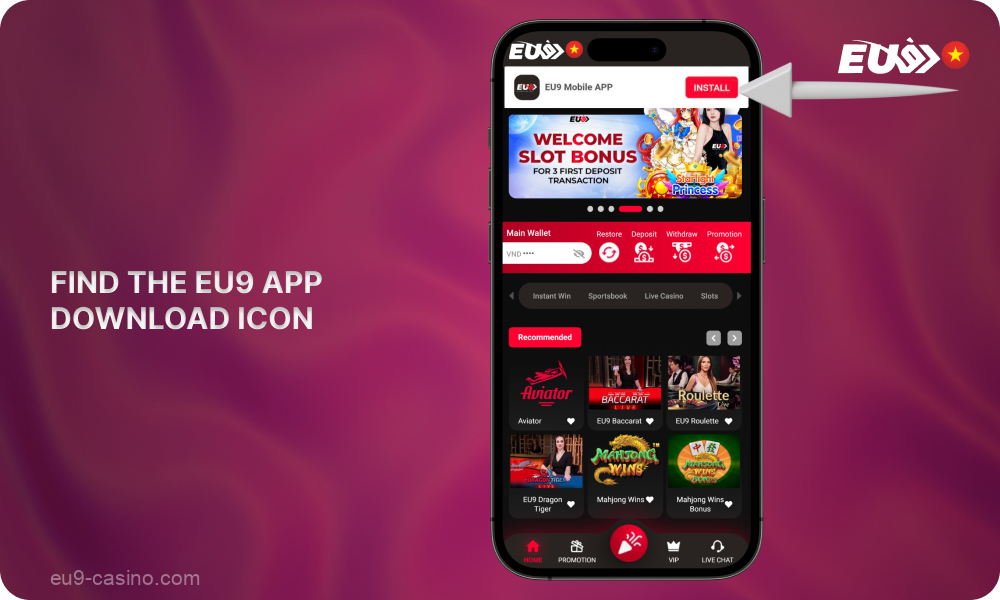 Klik ikon unduh untuk mengunduh aplikasi seluler Eu9 untuk iOS