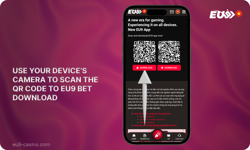 Vietnamese players need to scan the QR code to download eu9 bet