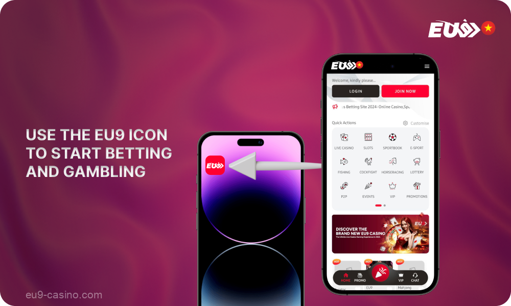 Di layar utama ponsel cerdas Anda, klik ikon eu9 untuk mulai bermain di kasino dan memasang taruhan pada olahraga