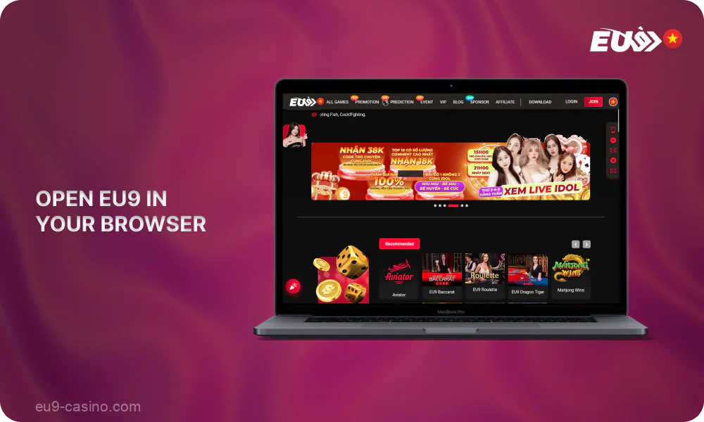 Buka situs resminya untuk login ke akun Eu9 Anda