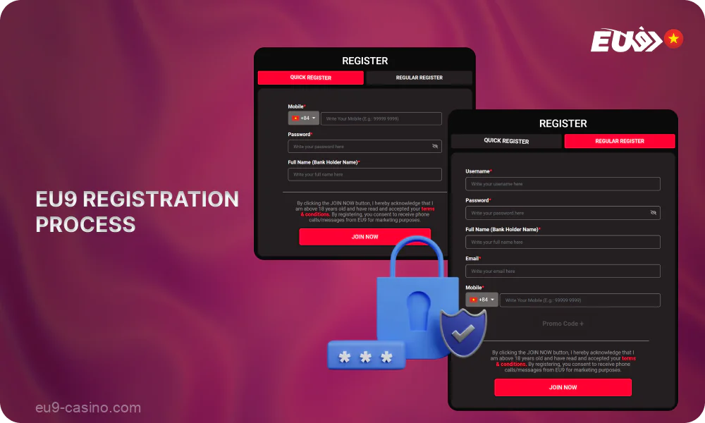 On the Eu9 website, Vietnamese players can quickly register by entering their phone number, name, password