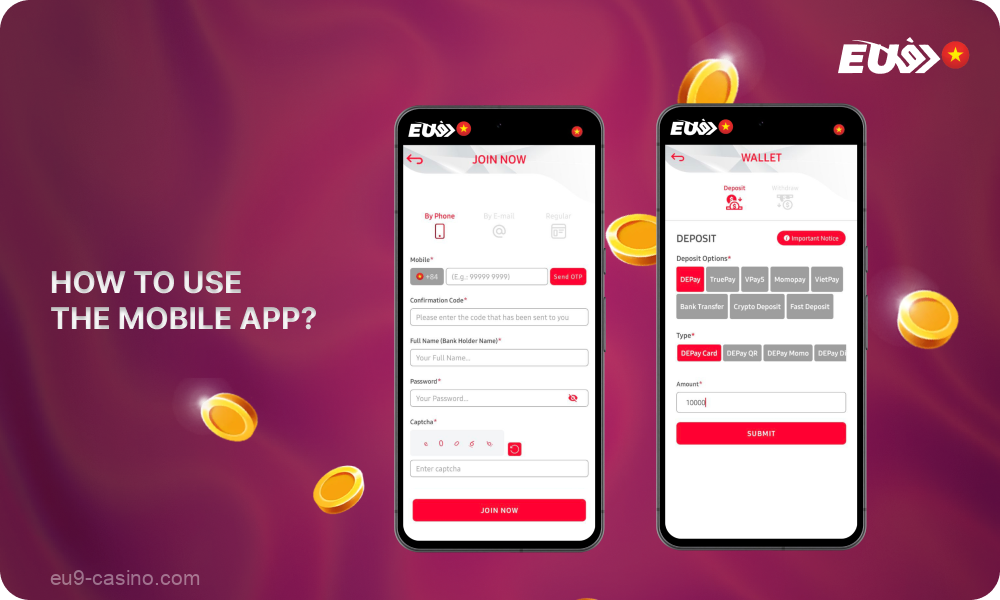 Yang perlu Anda lakukan untuk bermain di kasino atau memasang taruhan pada olahraga di aplikasi seluler Eu9 untuk Android dan iOS adalah mendaftar dan mengisi ulang akun Anda
