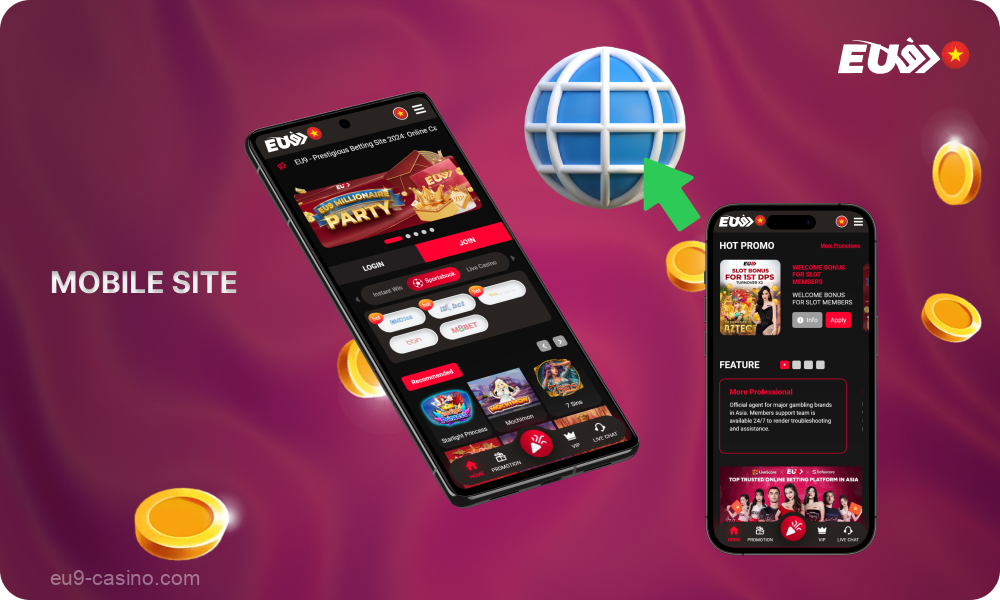 Eu9 Casino Indonesia menawarkan kepada pengguna situs versi browser seluler, dapat diakses di perangkat seluler apa pun dengan Internet, memberikan kemampuan yang sama seperti versi desktop