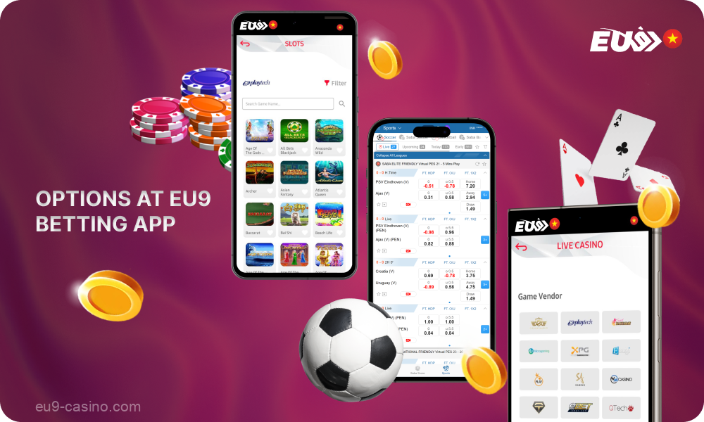 Setelah menginstal aplikasi seluler Eu9, pengguna dari Indonesia dapat memainkan berbagai permainan kasino dengan uang sungguhan, serta memasang taruhan pada kompetisi olahraga populer