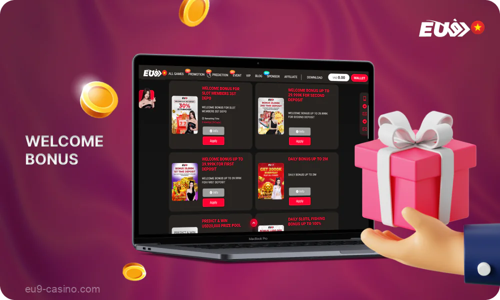 Setelah mendaftar di Eu9, pengguna dari Indonesia dapat menerima bonus selamat datang sebesar 35% pada deposit pertama mereka